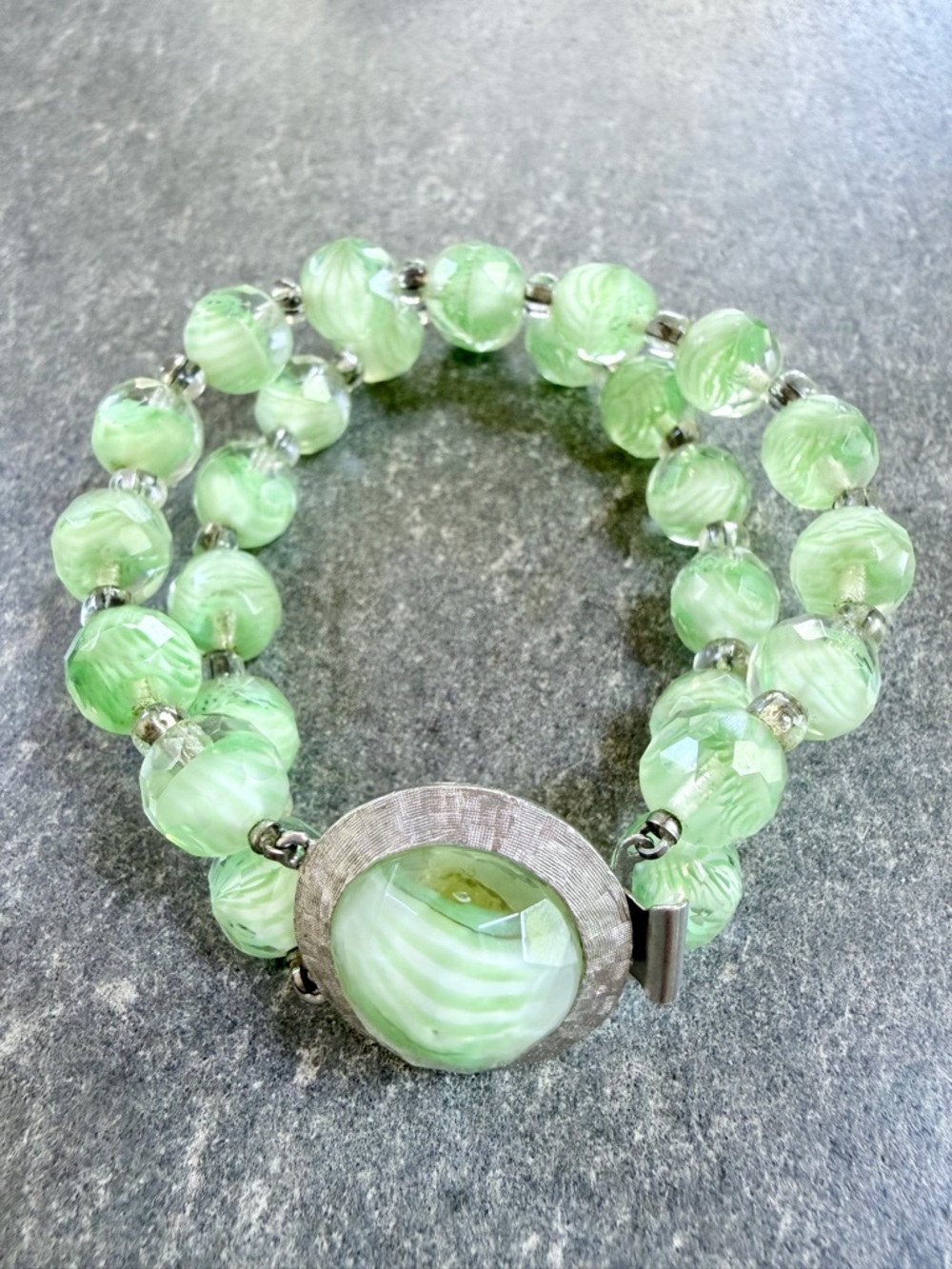 Green Glass Bead Double-Strand Bracelet with Center Cabochon